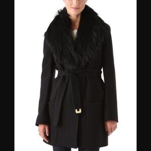 Diane Von Furstenberg Black Wool Pea Coat with Faux Fur Collar